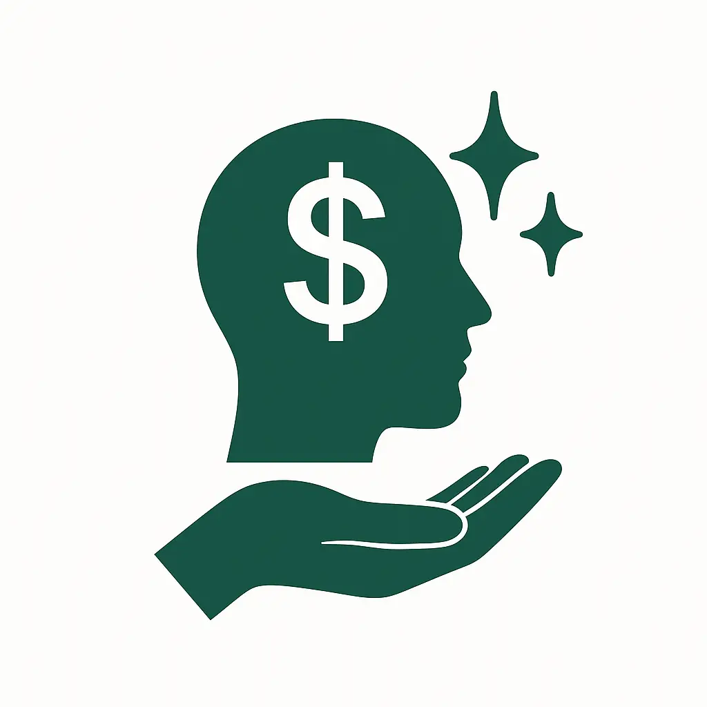 cono de perfil humano con un signo de dólar y chispas de claridad, sostenido por una mano abierta. Texto destacado: "Educación Financiera Consciente: sana tu relación con el dinero y aprende a construir abundancia con propósito".