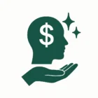 cono de perfil humano con un signo de dólar y chispas de claridad, sostenido por una mano abierta. Texto destacado: "Educación Financiera Consciente: sana tu relación con el dinero y aprende a construir abundancia con propósito".