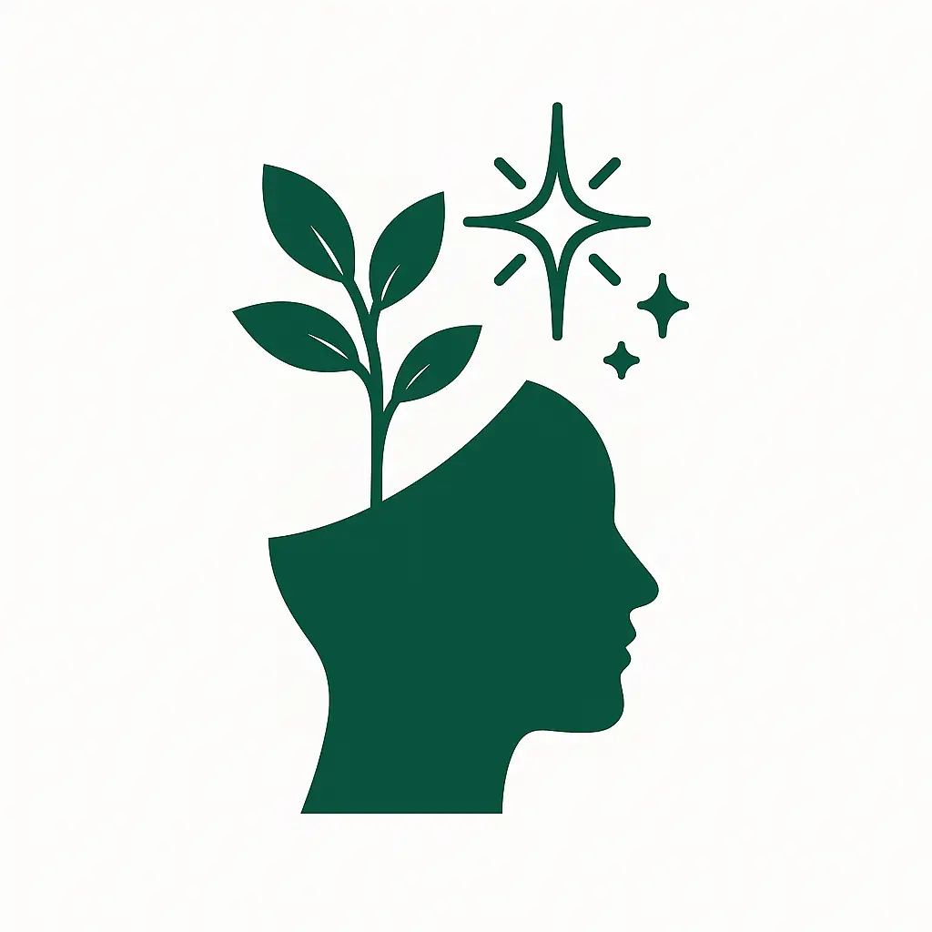 Icono de un perfil humano con ramas, hojas y chispas de claridad que brotan de su mente. Texto destacado: "Desarrollo de la Mente Natural: mindfulness y coaching integral para aquietar la mente y recalibrar hábitos de pensamiento".