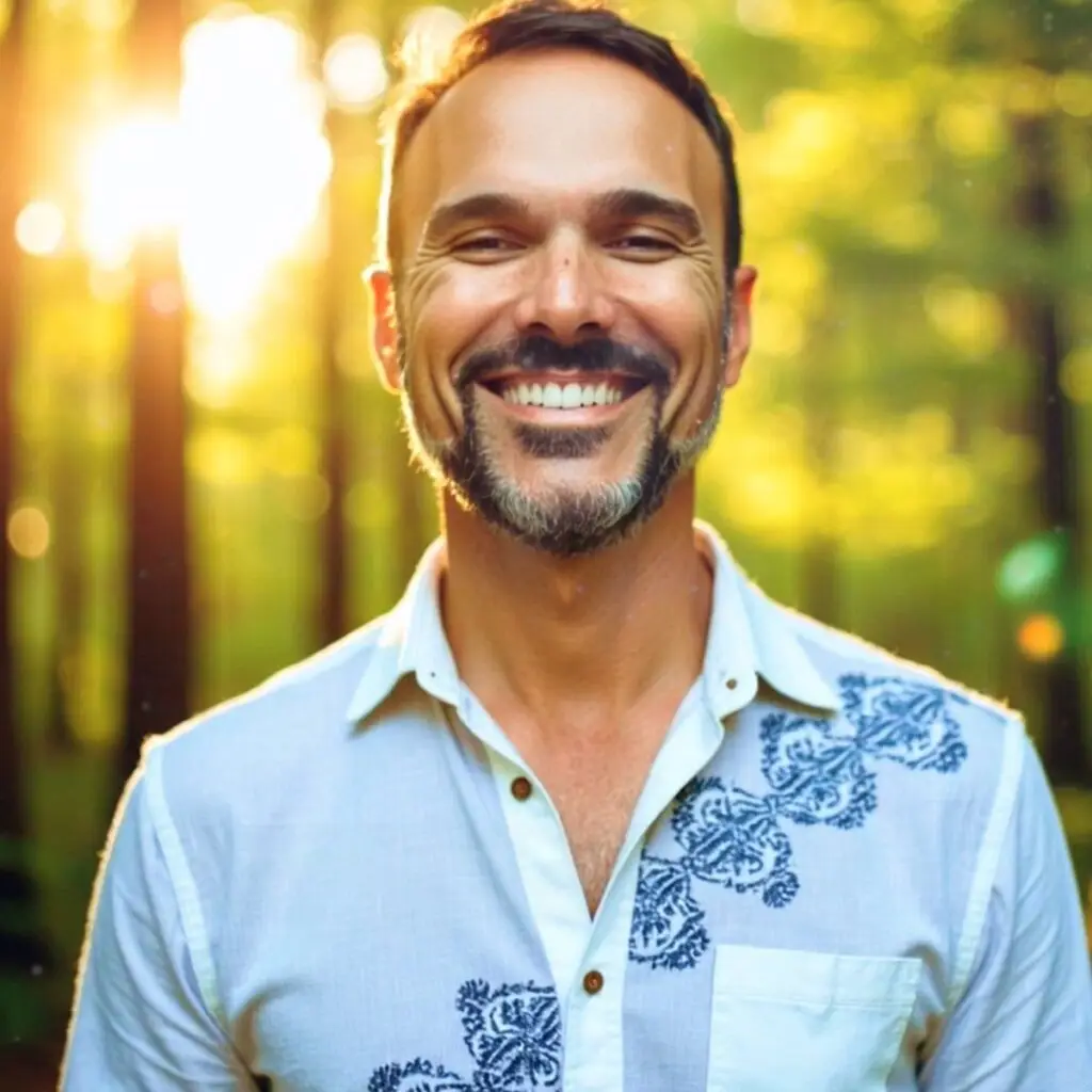 Alejandro Melidoni sonriendo en un entorno natural, representando bienestar, autenticidad y conexión interior