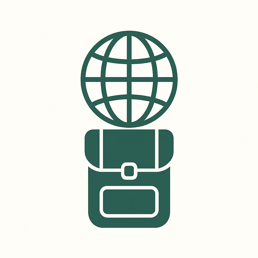 Ícono de mochila con globo terráqueo y texto “Viajes con Propósito – Experiencias y retiros transformadores que expanden tu perspectiva del mundo y de ti mismo”