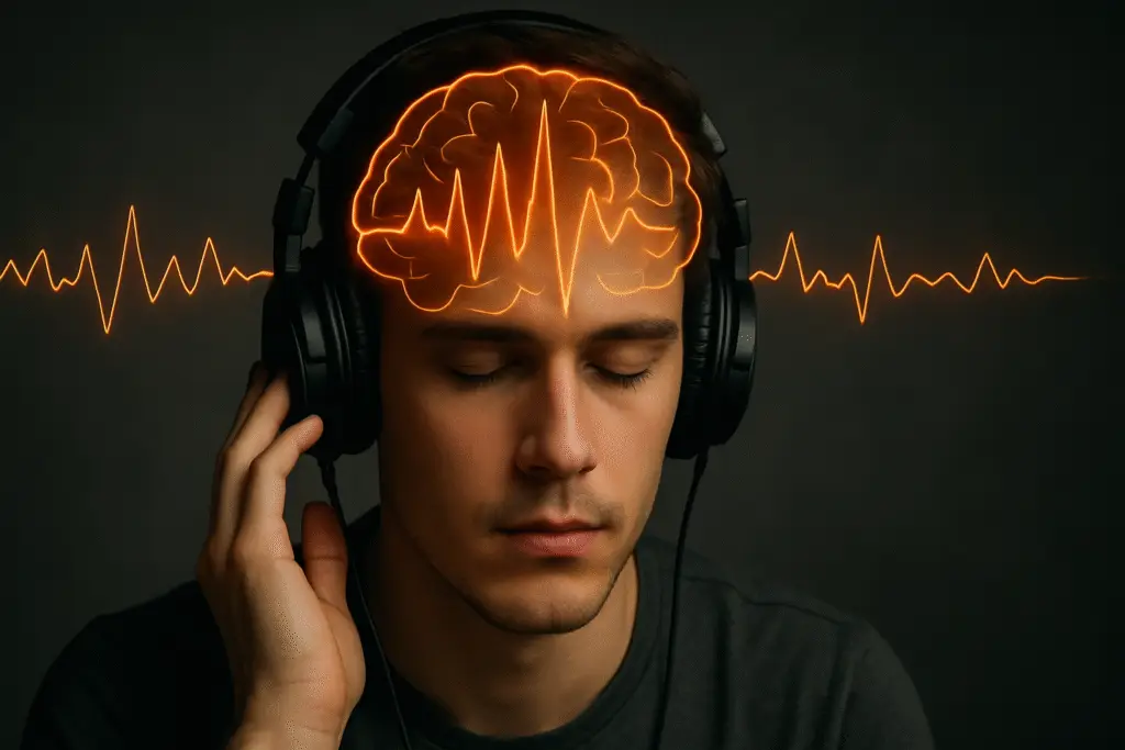 Hombre con auriculares escuchando música mientras ondas cerebrales reaccionan – Influencia del sonido en la mente
