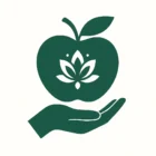 Icono de una mano sosteniendo una manzana con símbolo de flor de loto, acompañado del texto “Alimentación Consciente: nutre tu mente, reconectando con el placer y la sabiduría de comer”.