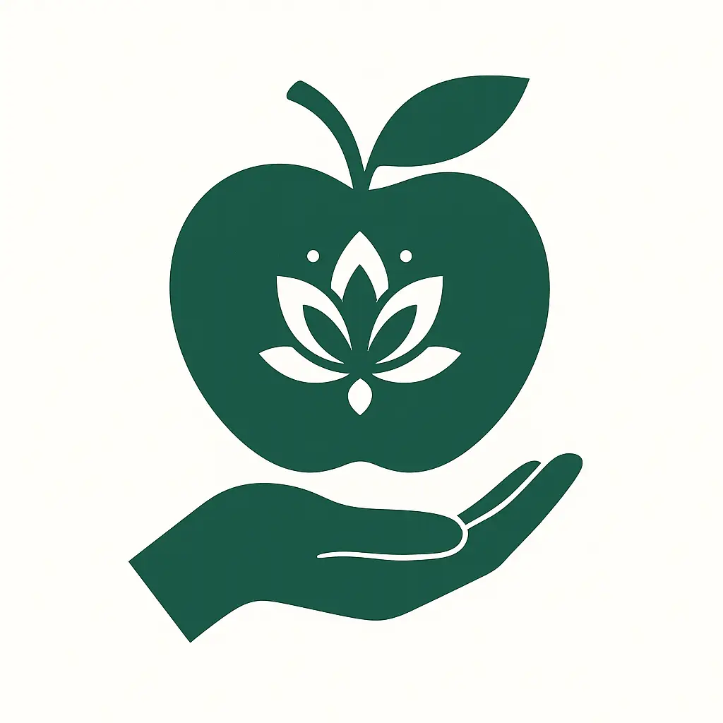 Icono de una mano sosteniendo una manzana con símbolo de flor de loto, acompañado del texto “Alimentación Consciente: nutre tu mente, reconectando con el placer y la sabiduría de comer”.