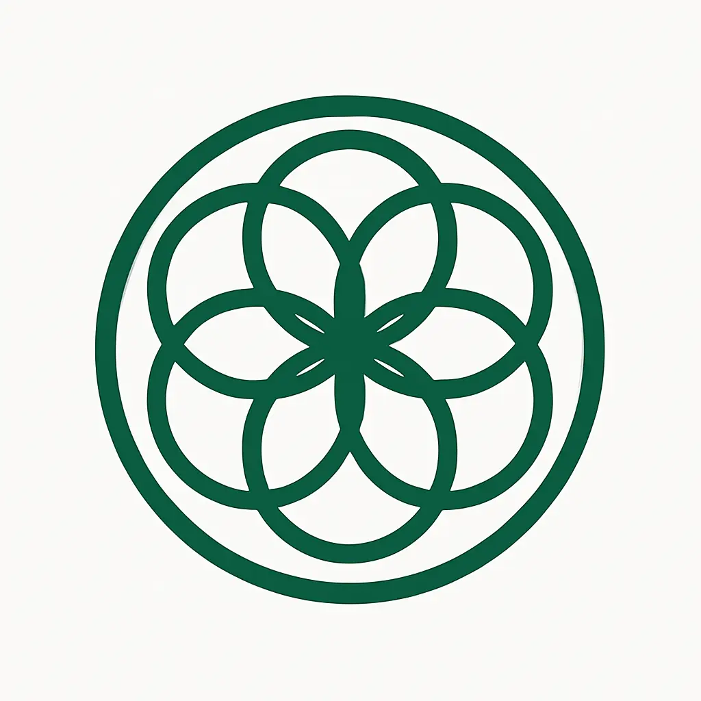 Ícono de flor geométrica y texto "Espiritualidad Moderna" Coaching integral,Un viaje de autoconocimiento sin dogmas para desarrollar tu propósito y sentido de vida sin escapar del sistema"