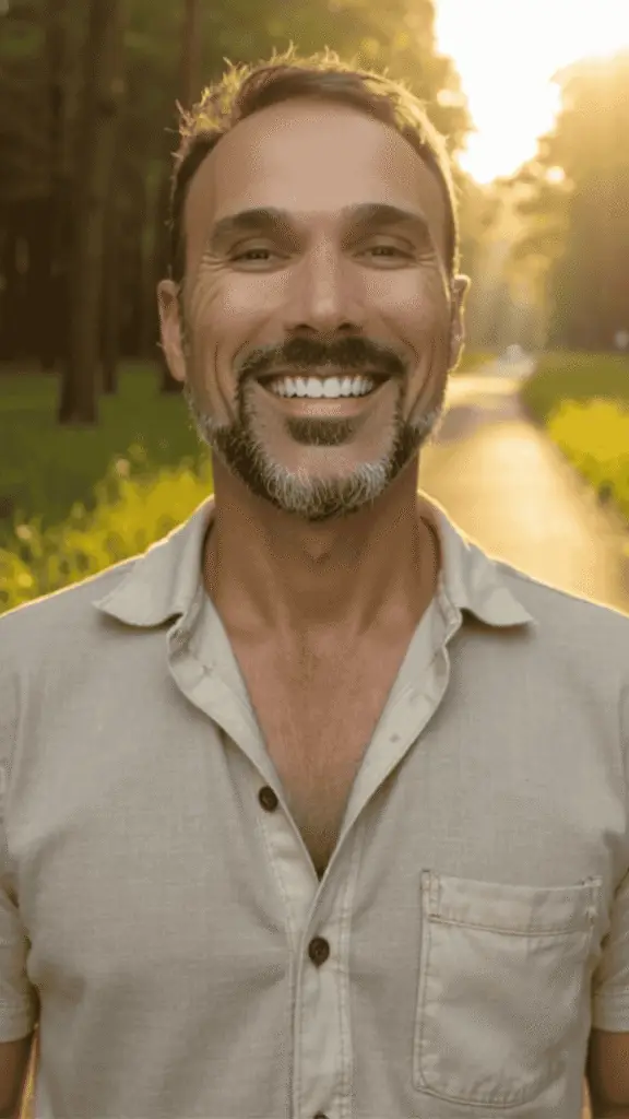 Hombre sonriendo en un camino de bosque iluminado por el sol – Comunidad privada Awakenova