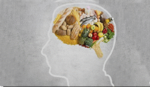 Alimentación consciente: ilustración de cerebro humano compuesto por alimentos frescos, conexión entre nutrición y mente