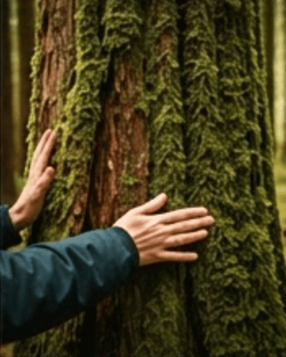 Baños de Bosque - Conexión Sensorial - Proyecto Awakenova Persona tocando la corteza de un árbol con musgo durante un baño de bosque (Shinrin Yoku) para reducir el estrés.
