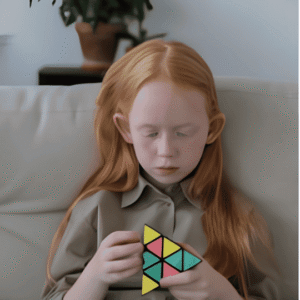 Niña con TDAH concentrada en un juego de lógica, representando la introspección y la necesidad de calma mental.