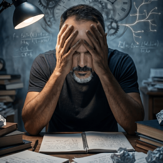Hombre agotado frente a un cuaderno, ilustrando el sobrepensar crónico, la ansiedad y el lavarropas mental que impide tomar decisiones.