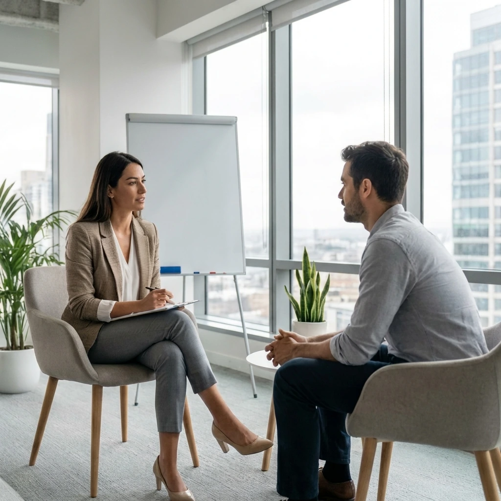 Profesionales en una sesión de coaching corporativo y liderazgo estratégico en una oficina moderna, representando la optimización de equipos de Proyecto Awakenova