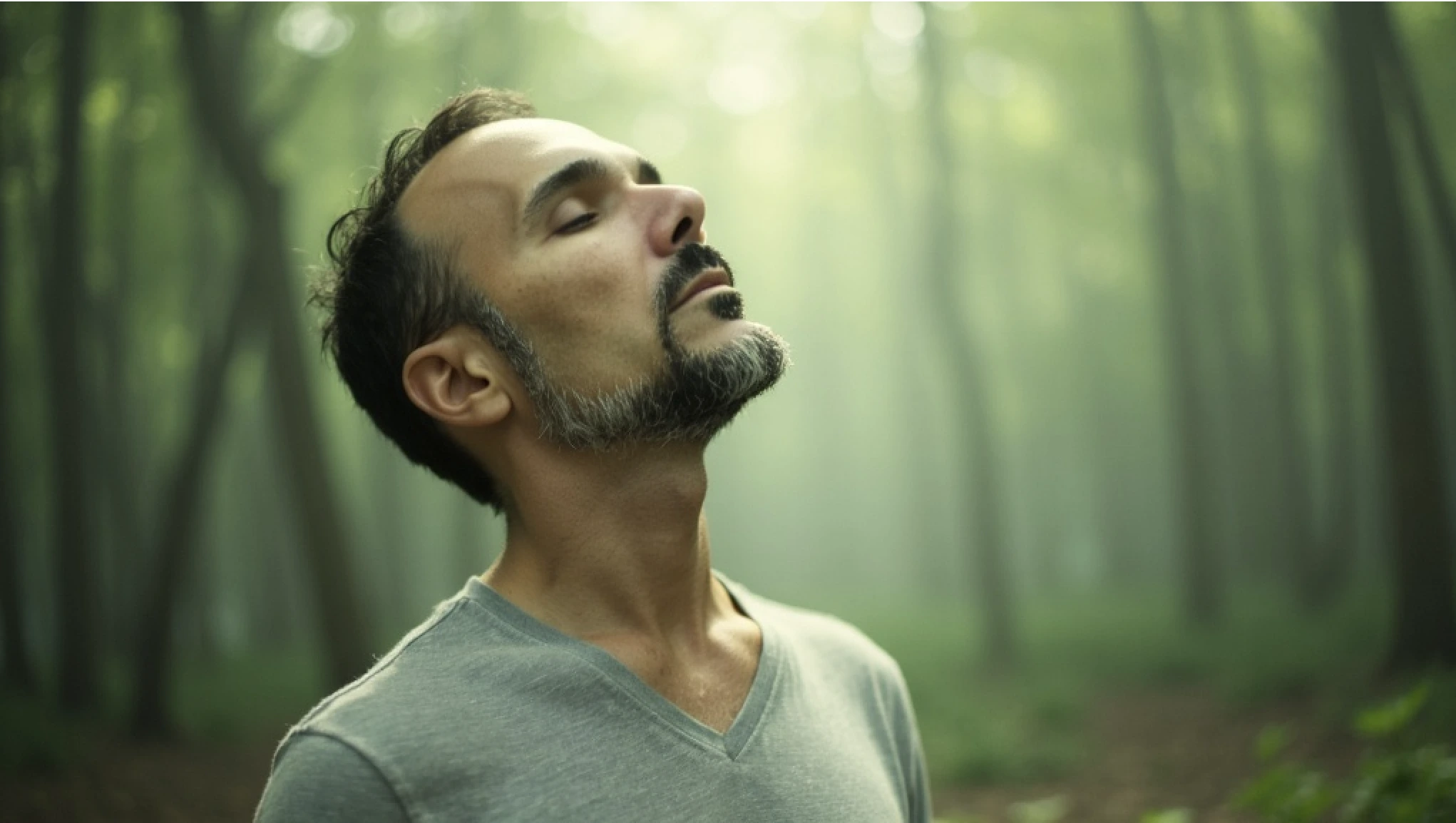 Hombre experimentando bienestar y conexión profunda con la naturaleza, representando el eje de espiritualidad moderna de Proyecto Awakenova y su Coaching Integral 360°