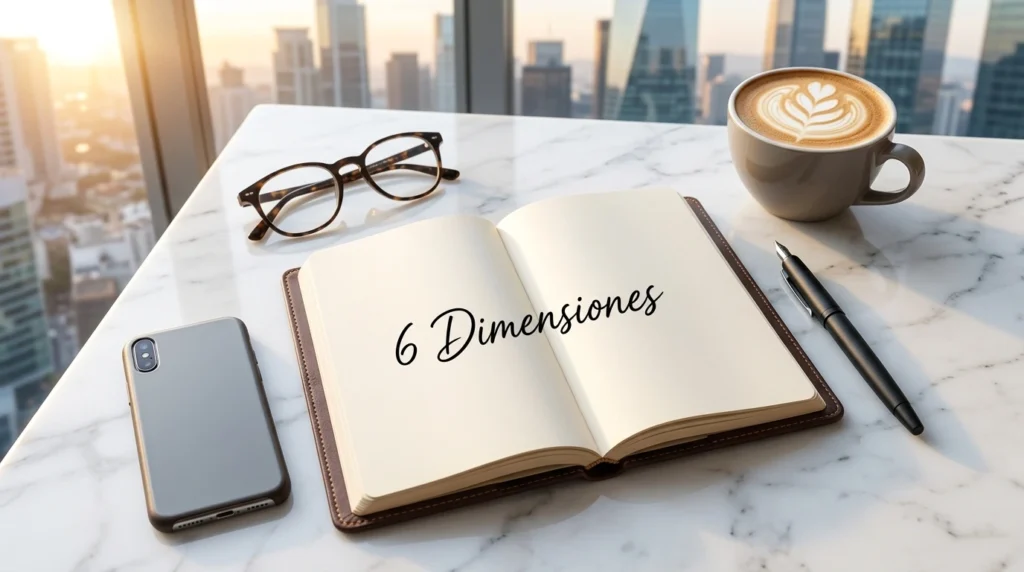6-dimensiones-coaching-integral-awakenova. Cuaderno abierto con las palabras "6 Dimensiones" del coaching integral, junto a un café, gafas, bolígrafo y smartphone sobre mesa de mármol con vista a la ciudad