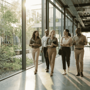 Equipo corporativo caminando alineado y sonriendo de forma natural por un pasillo luminoso, reflejando los resultados de entender que es el autoconocimiento sostenido en el tiempo.