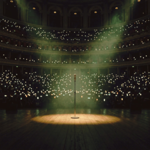Micrófono en escenario de teatro iluminado ante un público con luces, representando el arte como herramienta de conexión en el coaching integral de Awakenova