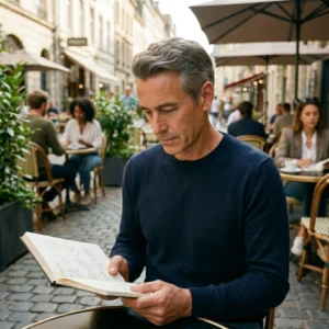 Hombre revisando notas de autoconocimiento en cuaderno durante proceso de coaching integral en terraza de café