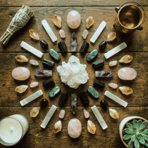 Mandala de cristales y elementos de espiritualidad moderna dentro del enfoque de coaching integral en Awakenova