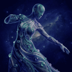 Figura etérea y cósmica en movimiento que simboliza lel eje de mentalidad y bienestar y la conexión con el propósito propio en el coaching integral de Awakenova
