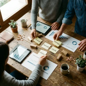 Equipo de coaching integral planificando estrategia con post-its, gráficos y tablets sobre mesa de madera