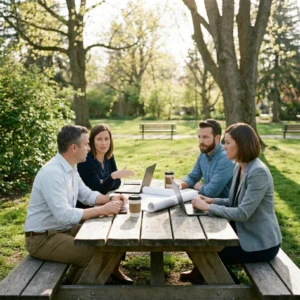 Equipo de cuatro personas en sesión de coaching integral al aire libre con laptops y documentos sobre mesa de madera