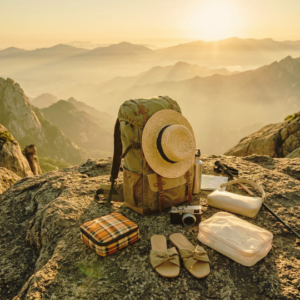 Mochila y accesorios de viaje en cima de montaña al atardecer, representando los viajes con propósito del coaching integral en Awakenova