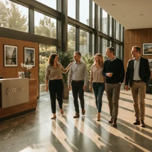 Grupo de profesionales caminando y sonriendo en hall de oficina moderna durante proceso de coaching integral