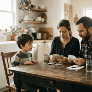 creencias limitantes sobre el dinero – niño observando a sus padres manejar dinero en la infancia
