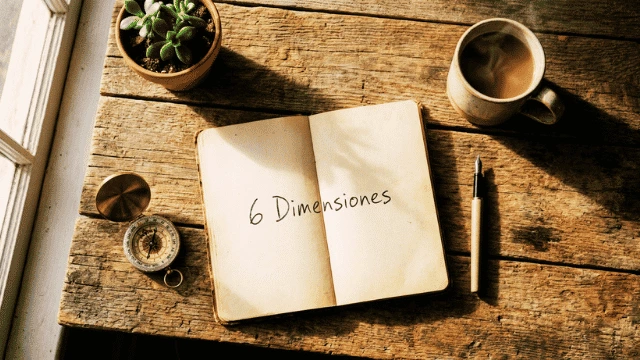 dimensiones-autoconocimiento-estancamiento-personal tablero con cuaderno abierto donde se muestran las 6 dimensiones de que es el autoconocimiento