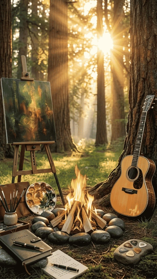 Estado de flow: guitarra, pintura y elementos creativos en la naturaleza, representando el arte como camino de autoconocimiento