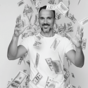 finanzas conscientes – hombre sonriendo con billetes cayendo simbolizando abundancia financiera