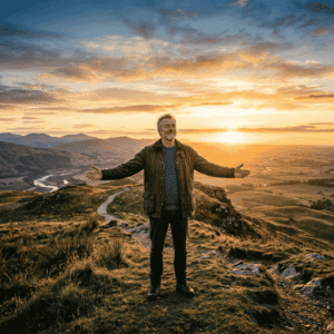 finanzas conscientes – hombre con los brazos abiertos al atardecer simbolizando bienestar financiero y propósito