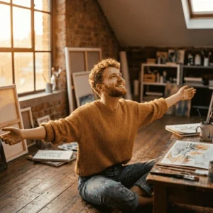 Fluir en el arte: artista con brazos abiertos en su estudio, expresando liberación creativa