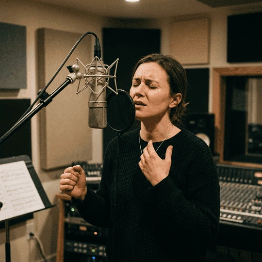 fluir-cantante-estudio-grabacion-entrega. Fluir cantando: mujer en estudio de grabación con ojos cerrados, entregada a la expresión vocal
