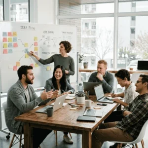 Fluir en el trabajo: equipo creativo generando ideas con distensión y apertura mental