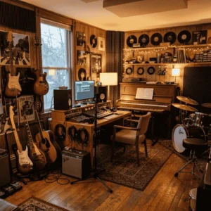 Fluir en un espacio musical: estudio vintage con guitarras, piano y vinilos evocando creación auténtica