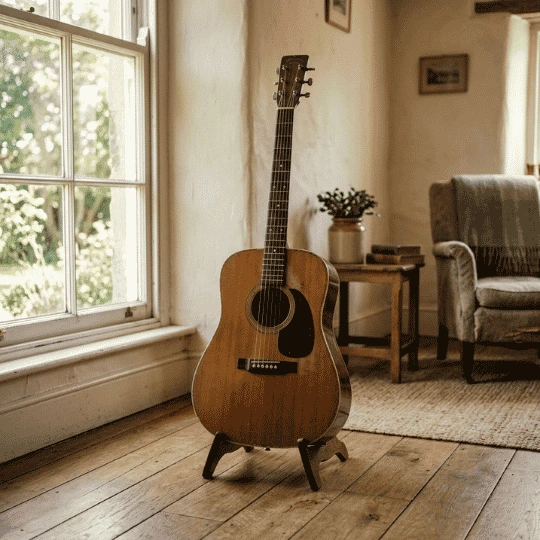fluir-guitarra-acustica-espacio-creativo. Fluir a través de la música: guitarra acústica en un espacio íntimo y luminoso