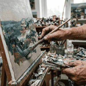 Fluir pintando: manos con pincel y óleo en proceso creativo profundo e instintivo