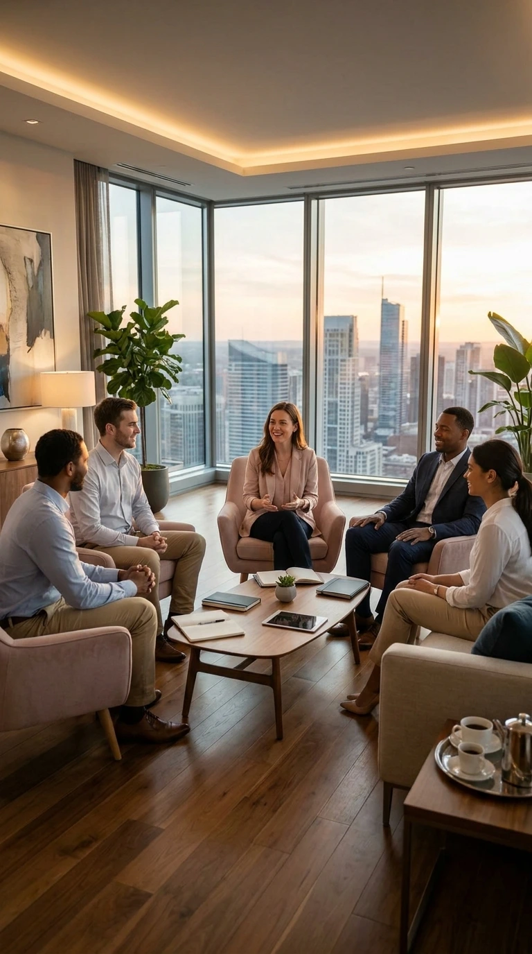Equipo directivo en una sesión de alta consultoría aplicando metodologías de bienestar corporativo y liderazgo estratégico.