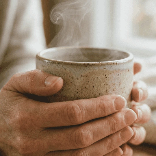 Primer plano de manos sosteniendo una taza de cerámica tibia con vapor, simbolizando una pausa de respiración consciente previa a la alimentación consciente.