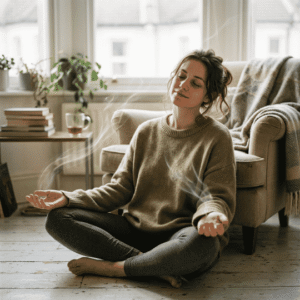 Mujer meditando en su casa con expresión de calma, soltando el control mental
