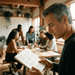 Líder en un espacio de trabajo colaborativo observando a su equipo con empatía, sosteniendo un cuaderno con notas sobre patrones relacionales y que es el autoconocimiento de equipo.