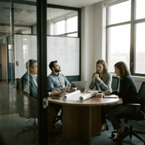 Equipo de profesionales reunido en una oficina moderna, con expresiones pensativas y distantes, ilustrando el estancamiento corporativo y la necesidad de entender que es el autoconocimiento en las organizaciones.