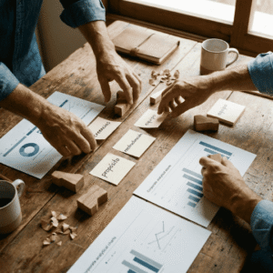 Manos de un equipo de trabajo interactuando sobre una mesa de madera, reordenando notas y bloques para deconstruir creencias limitantes a través de que es el autoconocimiento corporativo.