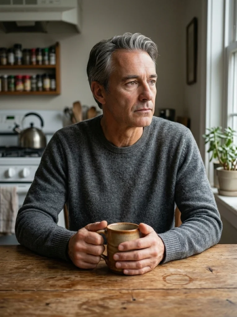 que-es-el-autoconocimiento-estancamiento-personal Hombre de unos 45 años sentado a la mesa de su cocina sosteniendo una taza, mirando pensativo por la ventana, ilustrando la duda de qué es el autoconocimiento frente al estancamiento personal.