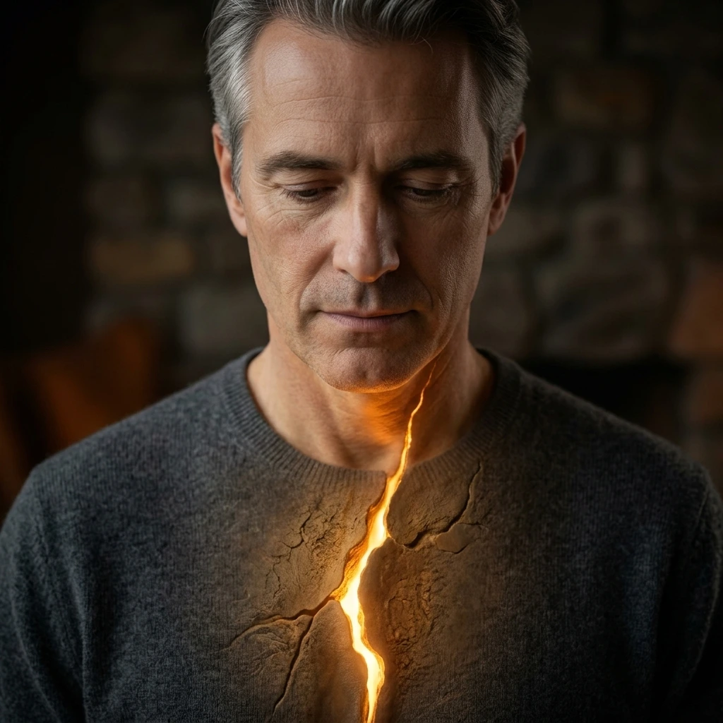 que-es-el-autoconocimiento-persona-grieta-luz Primer plano de una persona madura con una grieta sutil en su pecho de la que emana luz dorada, visualizando que es el autoconocimiento profundo y la revelación de la esencia interior.