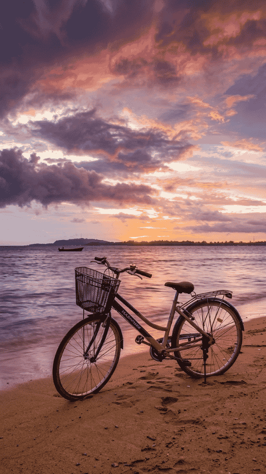 Viajes con propósito: bicicleta sola en la playa al atardecer, símbolo de libertad y autoconocimiento