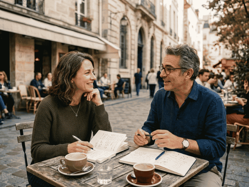 Viajes con propósito: pareja en sus 40s conversando con libretas en café europeo, integrando la experiencia del viaje