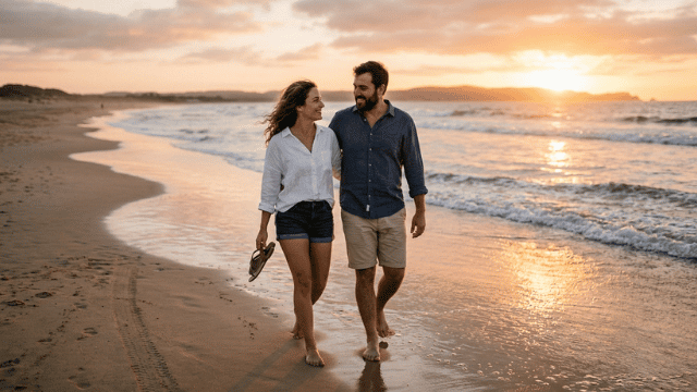 Viajes con propósito: pareja caminando descalza en la playa al atardecer, reconectando con lo esencial