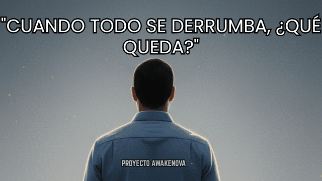 Crisis existencial: Hombre de espaldas mirando el horizonte con la frase "Cuando todo se derrumba, ¿qué queda?" - Proyecto Awakenova