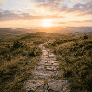 Cómo conocerse a uno mismo: camino de piedra hacia el horizonte al atardecer representando el proceso de transformación personal | Proyecto Awakenova